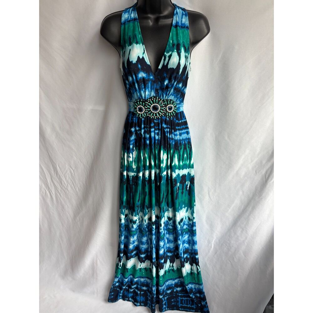 ECI New York Beaded Maxi Boho Dress Blue Green Y2K Size 4 Long Summer Bohemian